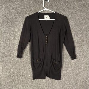 Mayle Cardigan Sweater Womens Small Black 100% Cotton V Neck Longline Pockets